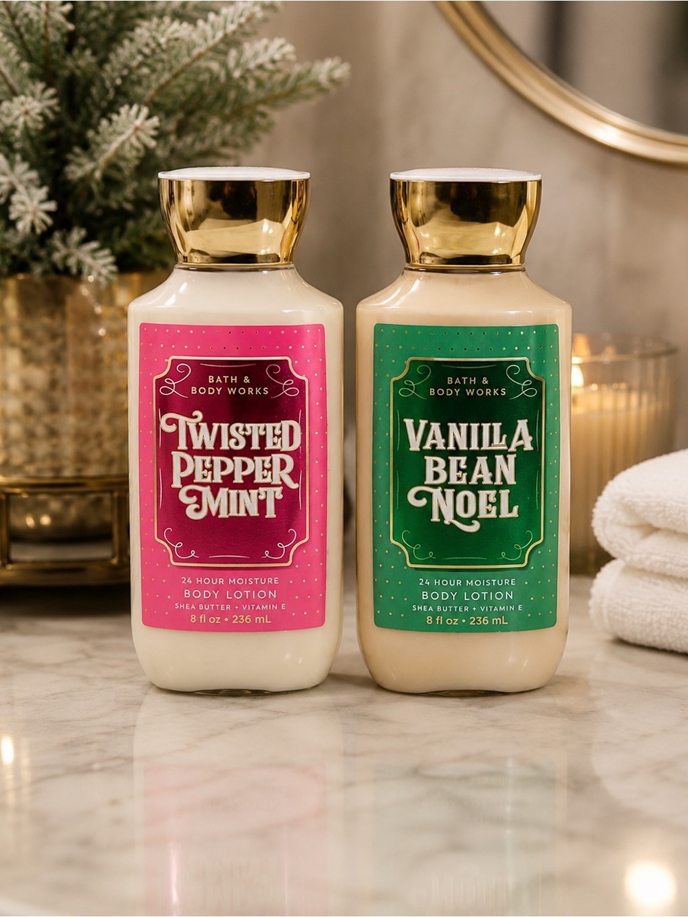 Bath & Body Works Lotion Bundle Twisted Peppermint Vanilla Bean Noel 8 oz Set